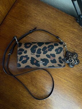 Coach Anna Foldover Leopard Print Crossbody Wallet